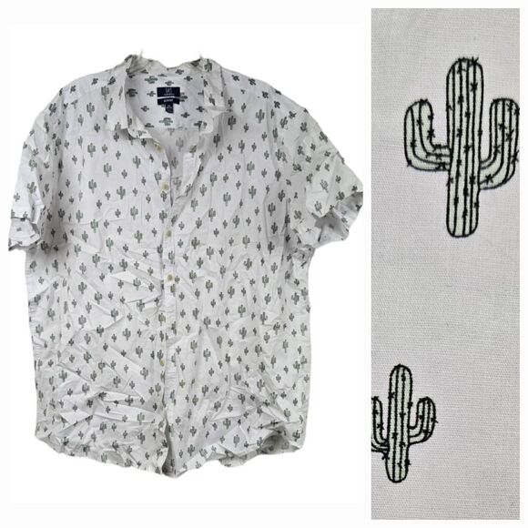 Big Men's 2XL Slim Fit White Short Sleeve Top Cactus Printed Button Down Shirt - Picture 1 of 12